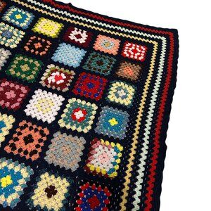 Vintage Handmade Granny Square Crochet Afghan Quilt Rainbow Colorful Bright Cozy